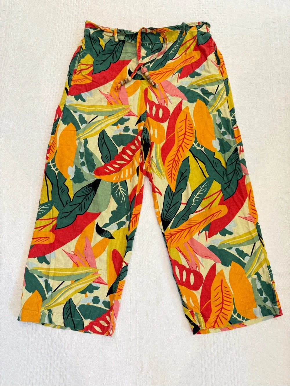 Calligraphie Floral Wide Leg Crop Capri Pants Drawstring Linen Blend Hawaiian M